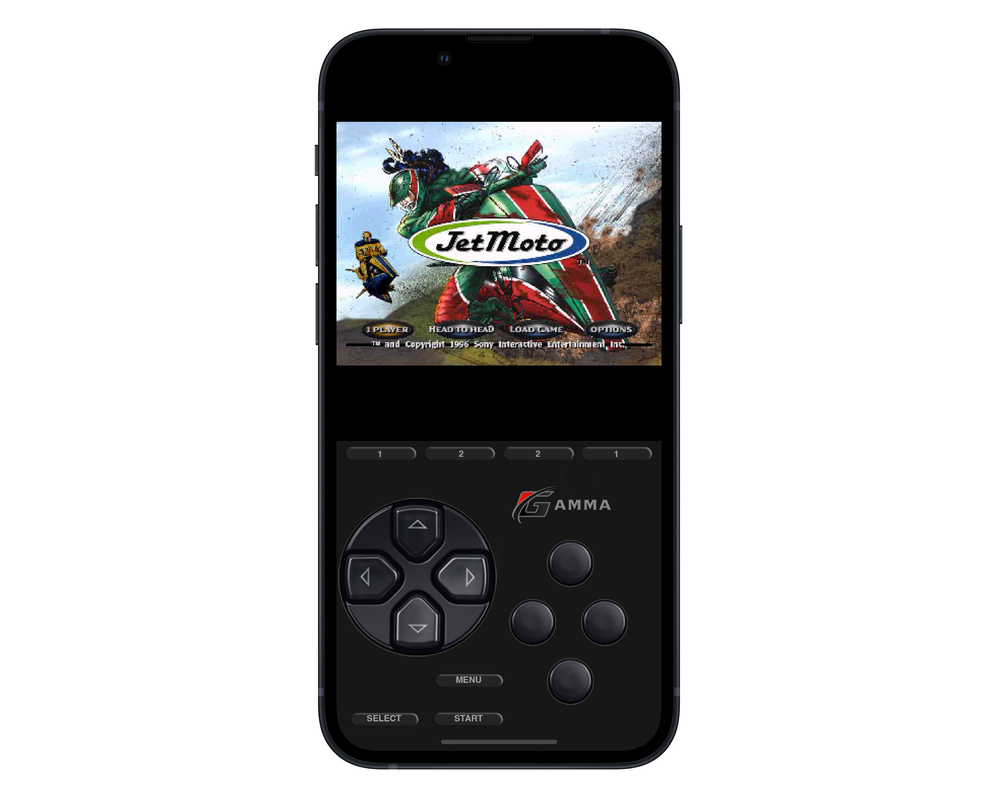 A screenshot of Jet Moto being played on an iPhone 13 Mini using the Gamma emulator. 