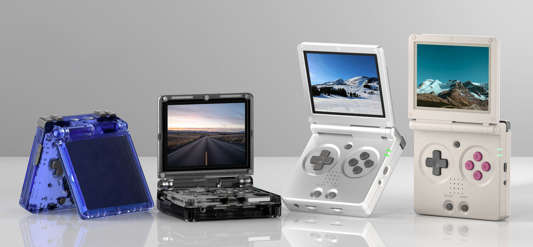 An image showing each of the four colorways of the new Anbernic RG35XXSP gaming portable console.